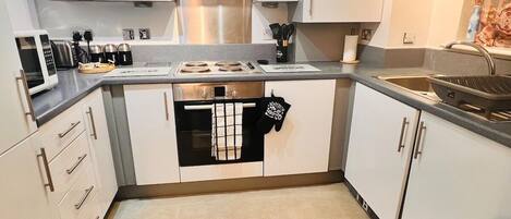 Frigorífico, microondas, horno y placa de cocina