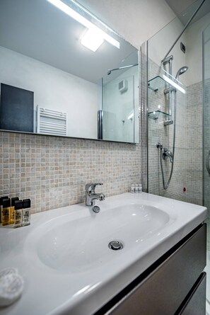 Dusche, Haartrockner, Seife, Shampoo