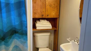 Shower, towels, soap, toilet paper