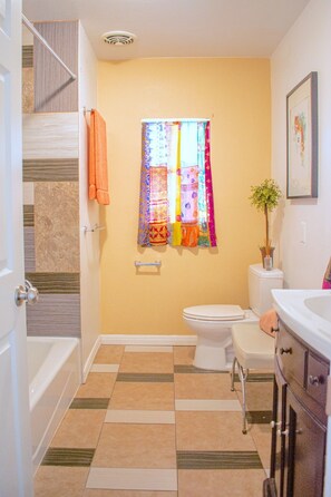 Hair dryer, towels, soap, toilet paper