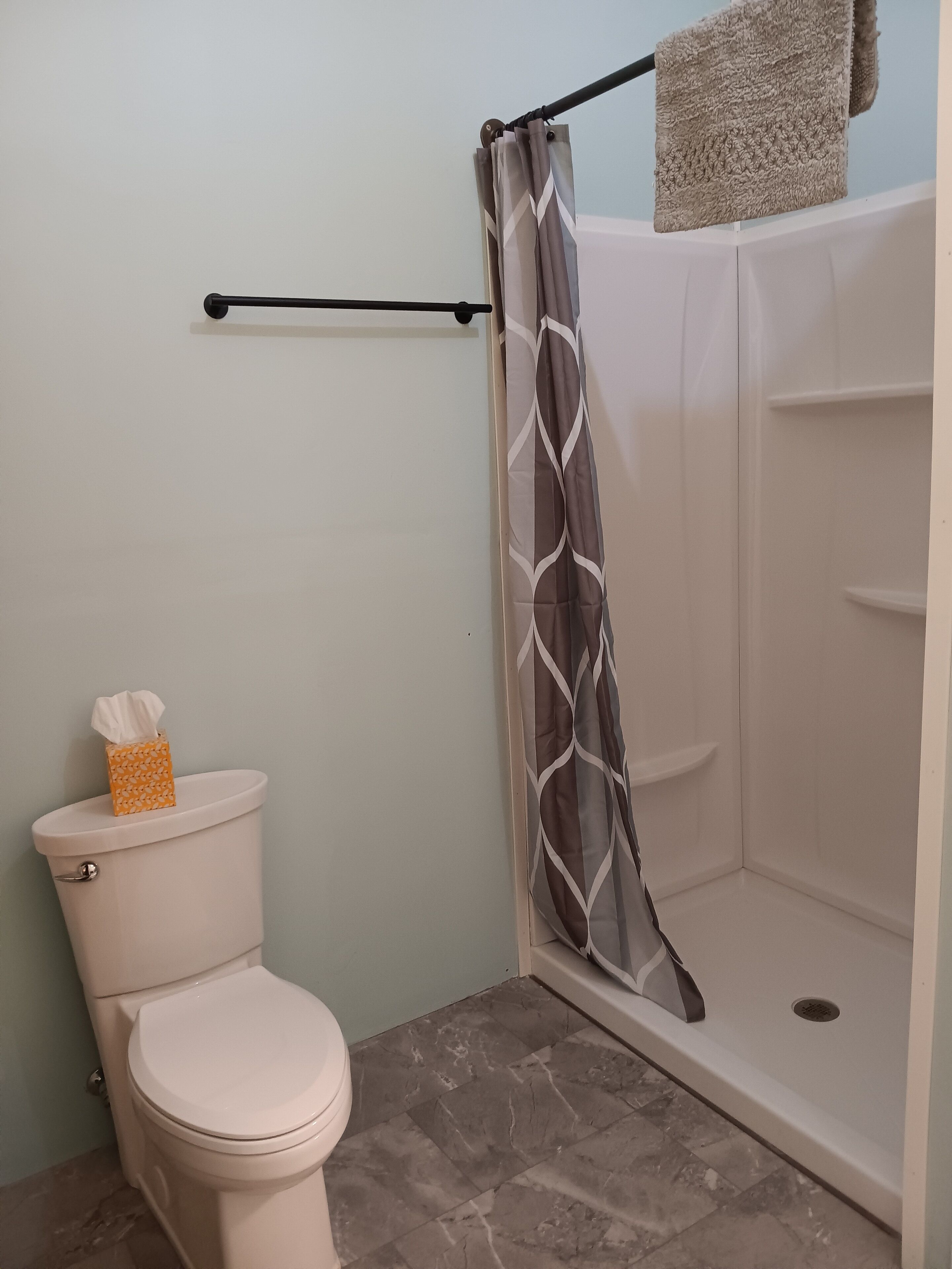 Shower, towels, soap, shampoo