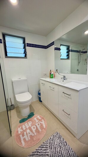 Shower, hair dryer, towels, soap