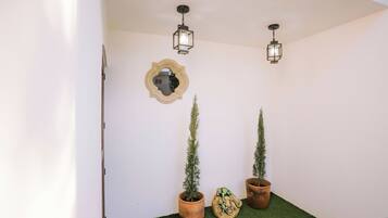 Un couloir orné de deux plantes en pot, d’un miroir décoratif et de deux lanternes suspendues.