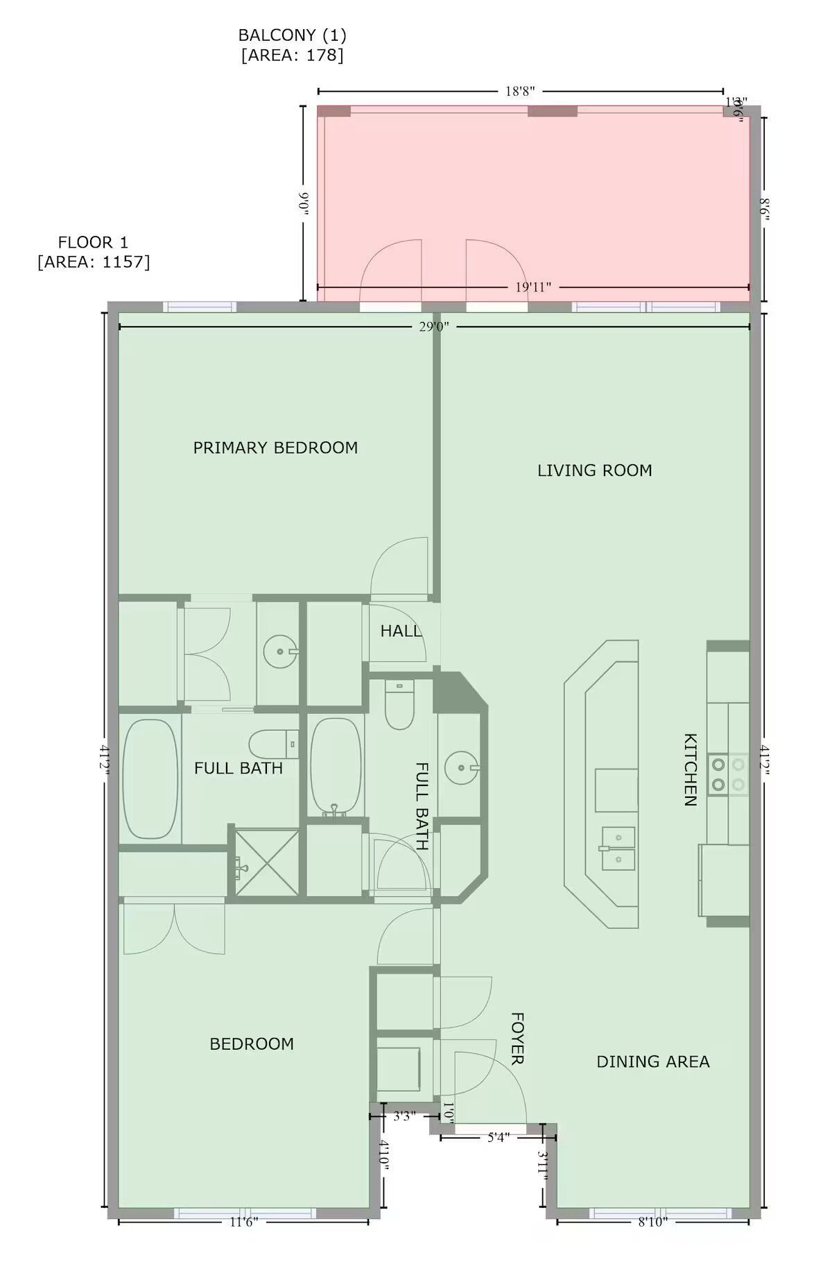 Een plattegrond van een woonhuis met woonkamer, slaapkamer, complete badkamer, eetruimte en keuken.