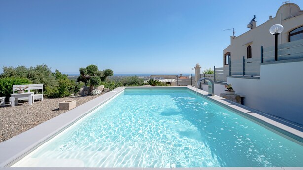 Una piscina rectangular con agua cristalina, rodeada por un borde de piscina blanco, un banco blanco y una planta en maceta.