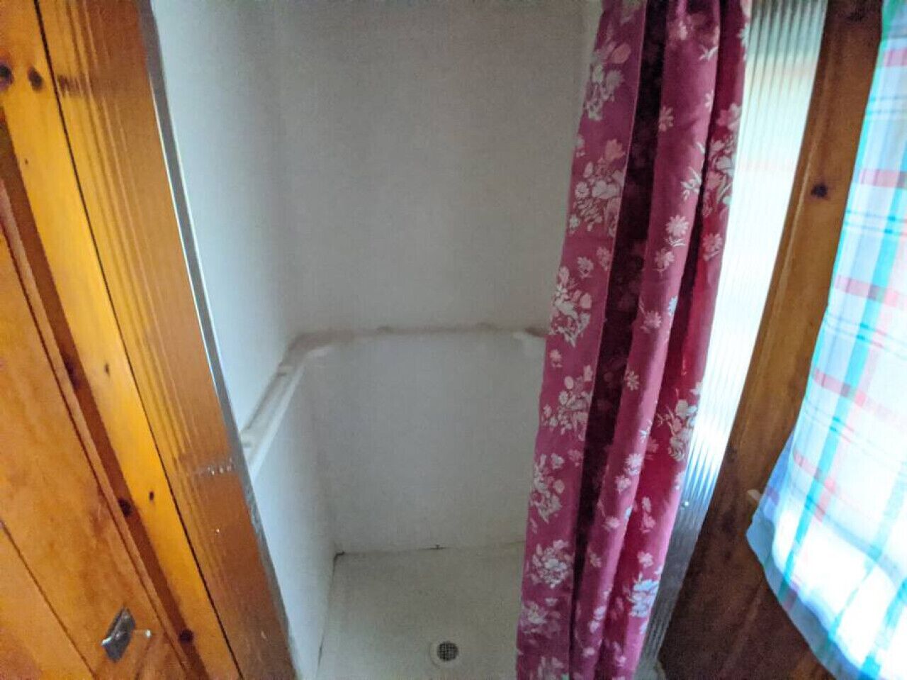 A small, enclosed shower area with a wooden door and a pink floral curtain.