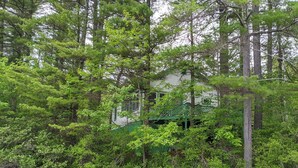A house surrounded by dense forest and a body of water. - Hawthorne Cottages Lakeside (Raymond)
