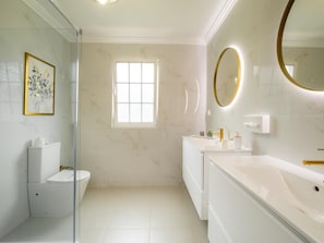 Shower, hair dryer, bidet, towels