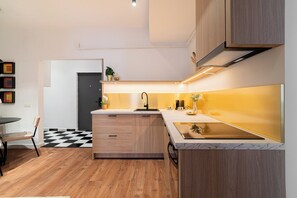 Comfort Apartment, 2 Bedrooms, Balcony | Private kitchen | Coffee/tea maker, electric kettle - Playful & Trendy 2BR on Regina Elisabeta, Steps to Cismigiu Gardens | Bathtub & Boulevard Views (Bucharest)