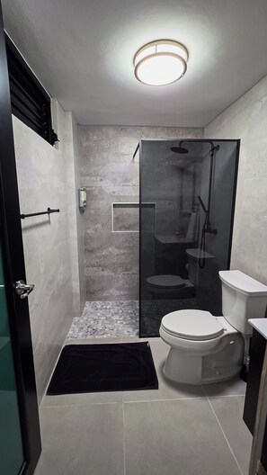 A modern bathroom with a glass-enclosed shower, a toilet, and a sink.