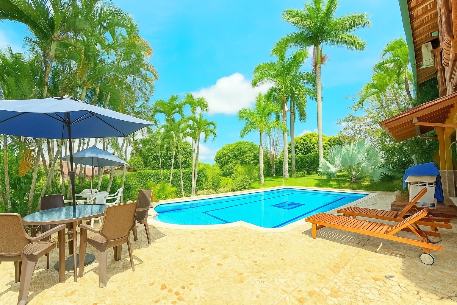 Uma área de piscina com mesa e cadeiras, cercada por palmeiras e um céu azul límpido.