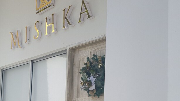 A modern hotel entrance with a glass door, a white reception desk, and a sign that reads "MUSHKA".