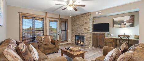 Smart TV, fireplace, DVD player