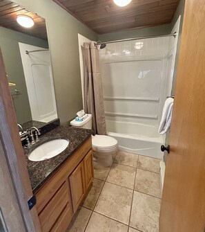 Hair dryer, towels, soap, shampoo