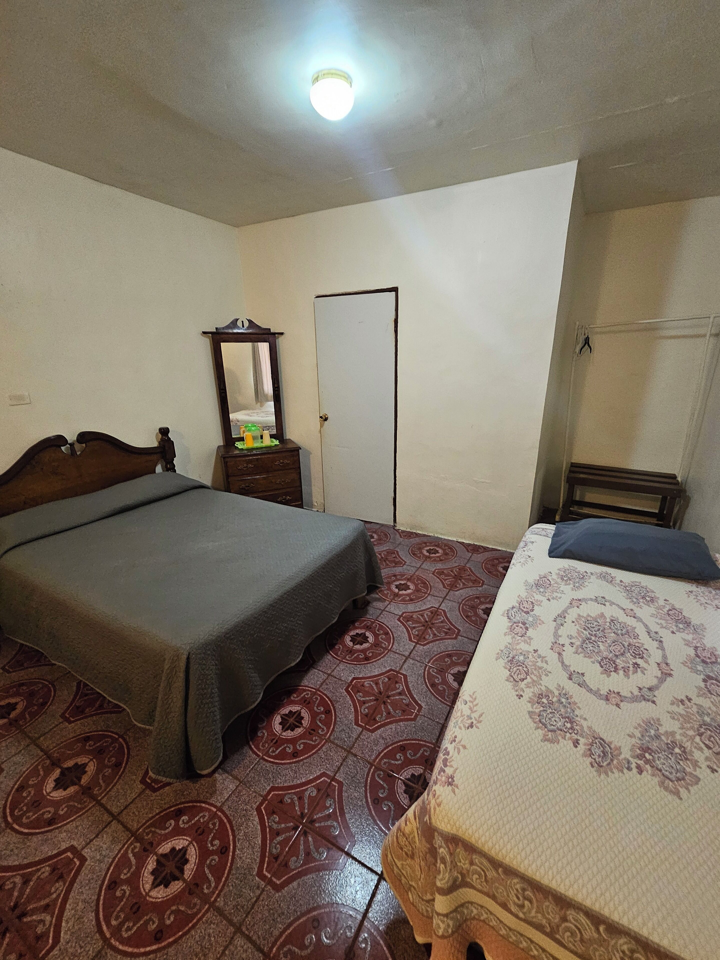 A bedroom with a bed, a dresser, a mirror, and a door.