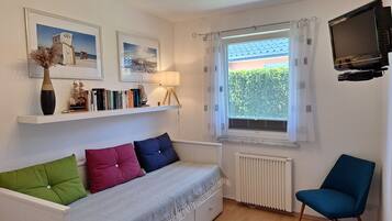 Smart-TV, DVD-Player, Bücher, Stereoanlage