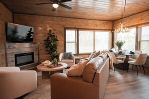 Smart TV, fireplace, books