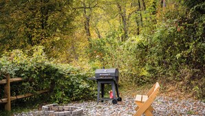 Un ensemble comprenant un barbecue portable et un foyer, installé dans un espace boisé et agrémenté d’un banc en bois.