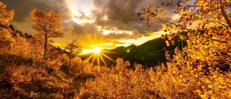 A sunset over a mountainous landscape with trees and a path.