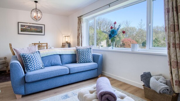Een woonkamer met een blauwe bank, een rond poefje, een houten vloer en een groot raam met uitzicht op bomen en een bloevas.