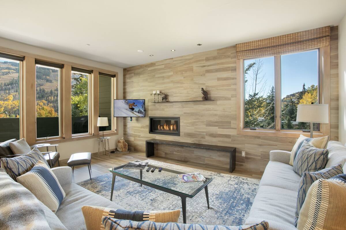 A modern living room with a fireplace, large windows, and a flat-screen TV.