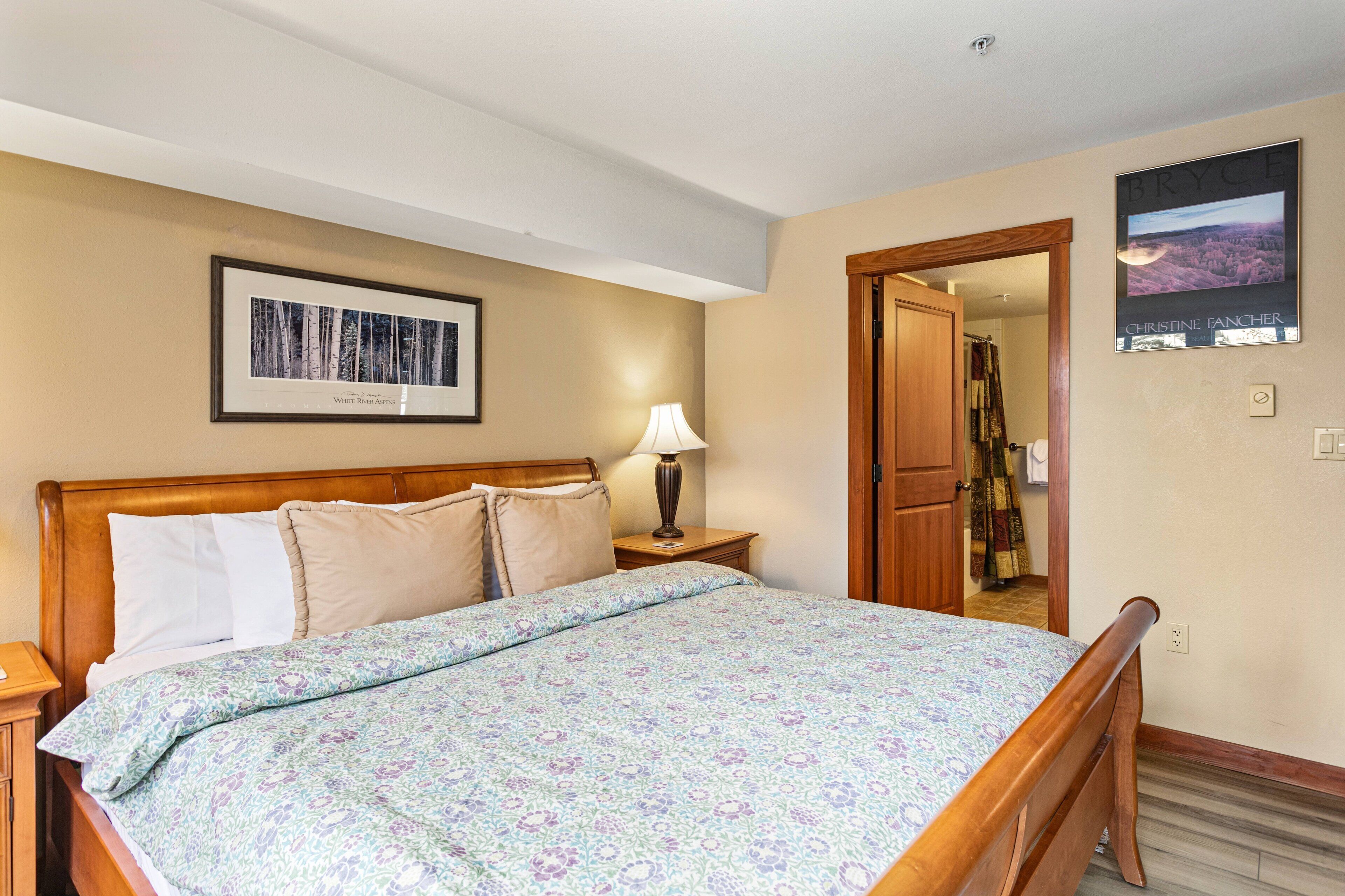 A bedroom with a wooden bed, a nightstand with a lamp, a framed picture on the wall, and a door leading to another room.