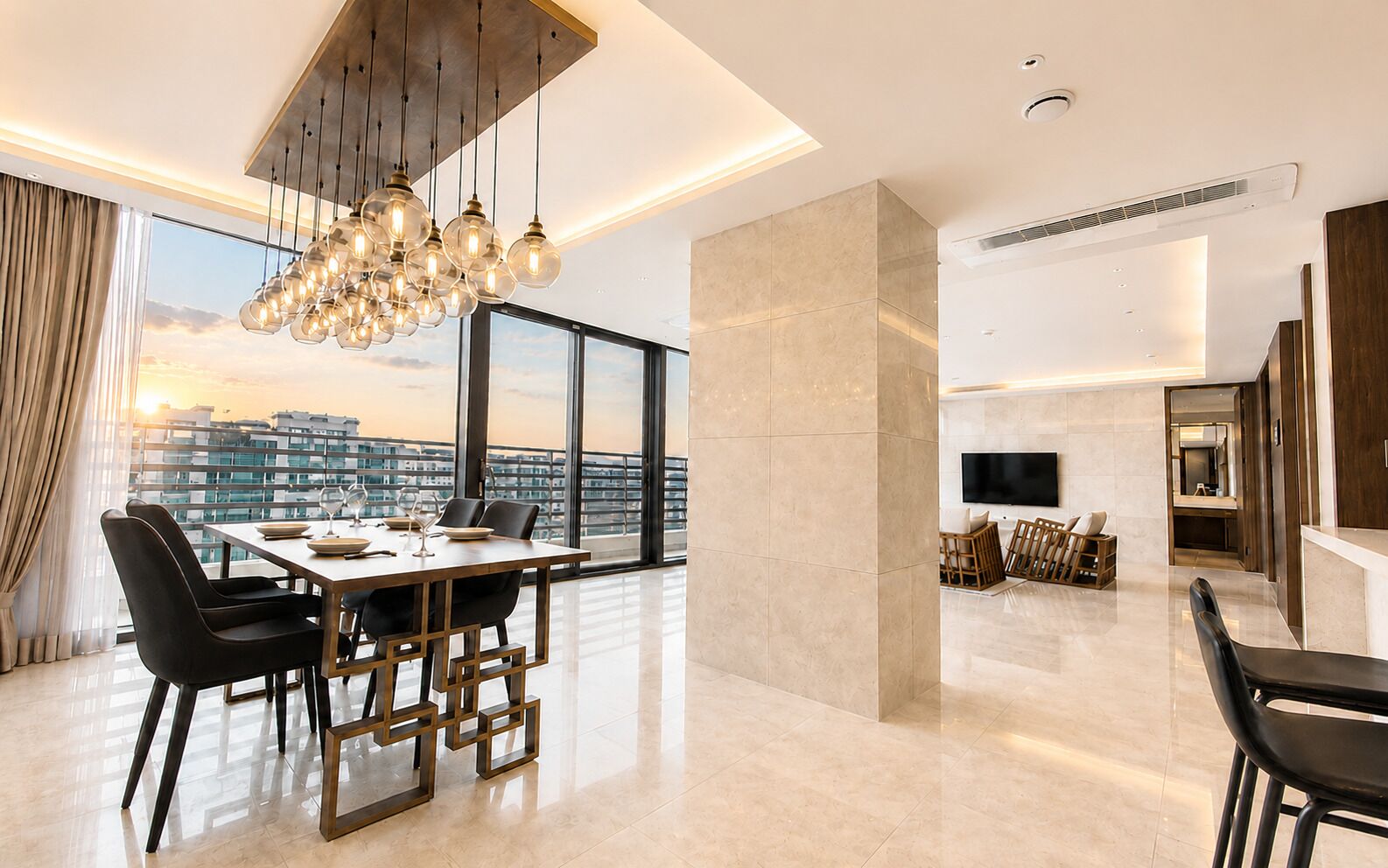 A modern interior with a dining area, a living space, and a large window offering a city view.