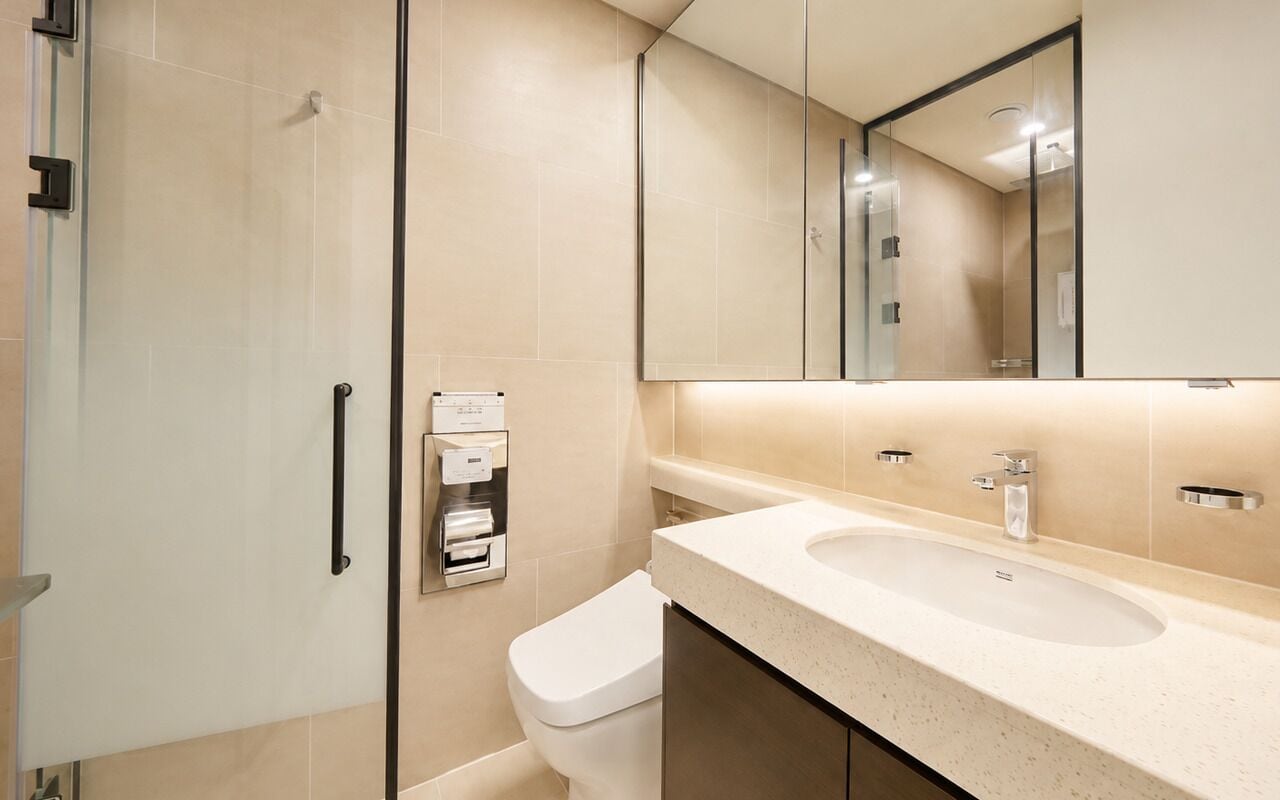 A modern bathroom with a glass shower enclosure, a toilet, a sink, and a large mirror.