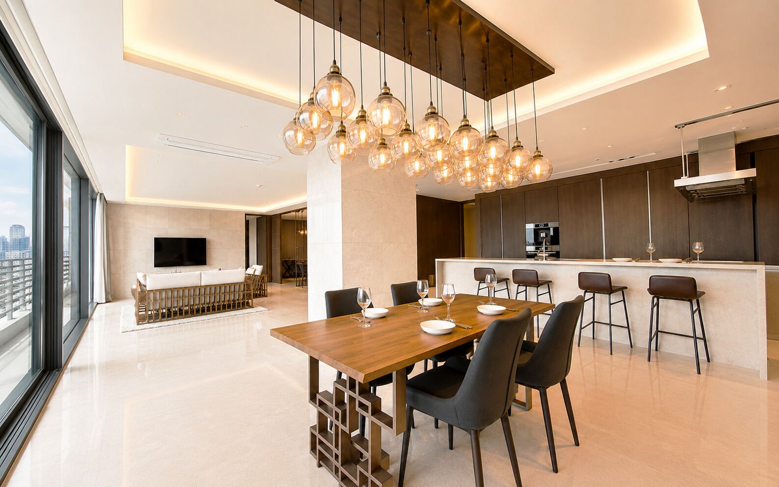 A modern kitchen with a dining area, a bar, and a large window offering a city view.