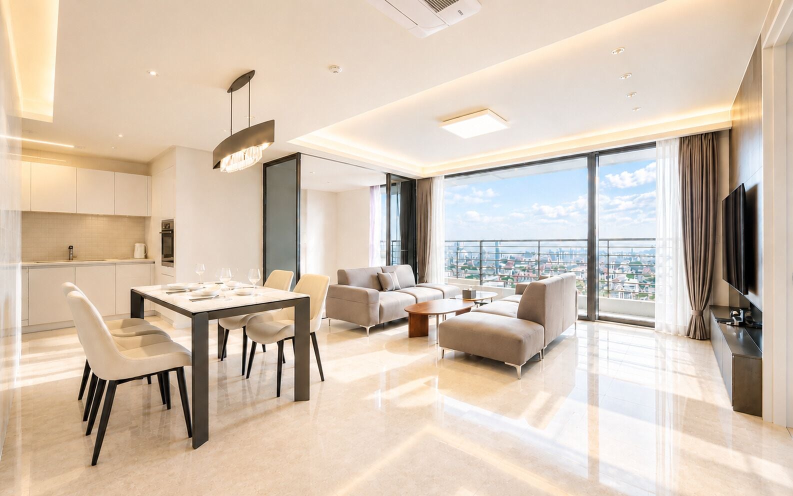 A modern living room with a dining area, large windows, and a city view.