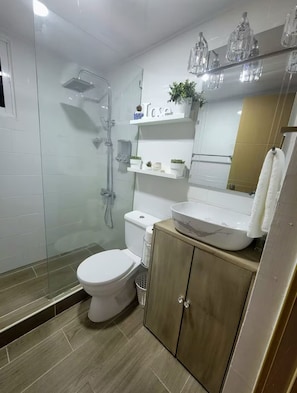 Shower, towels, soap, toilet paper