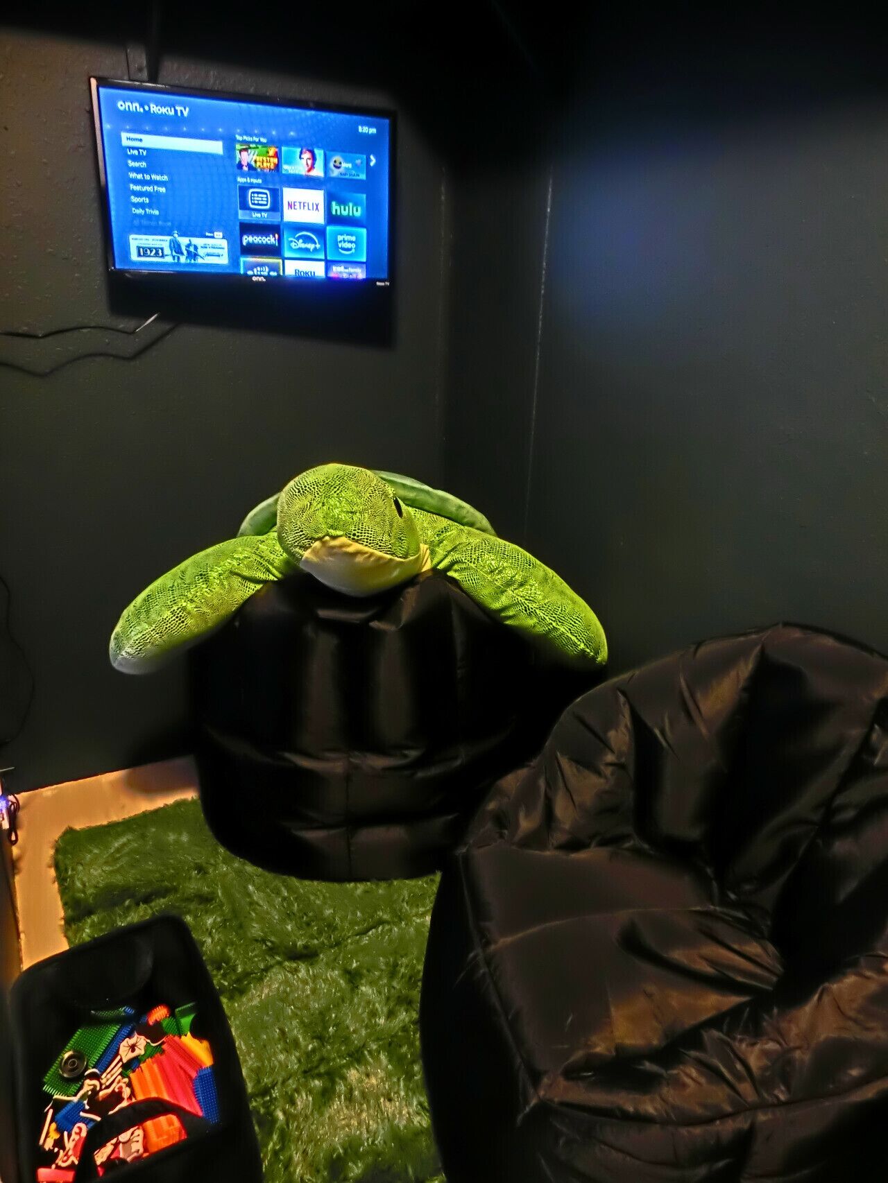 Une pièce avec un téléviseur affichant l’interface d’un service de diffusion en continu, un jouet en peluche vert posé sur une chaise noire et un fauteuil en forme de sac de haricots noir.