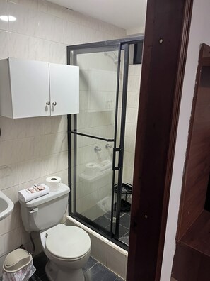 Chuveiro, toalhas de banho, sabonete, papel higiênico