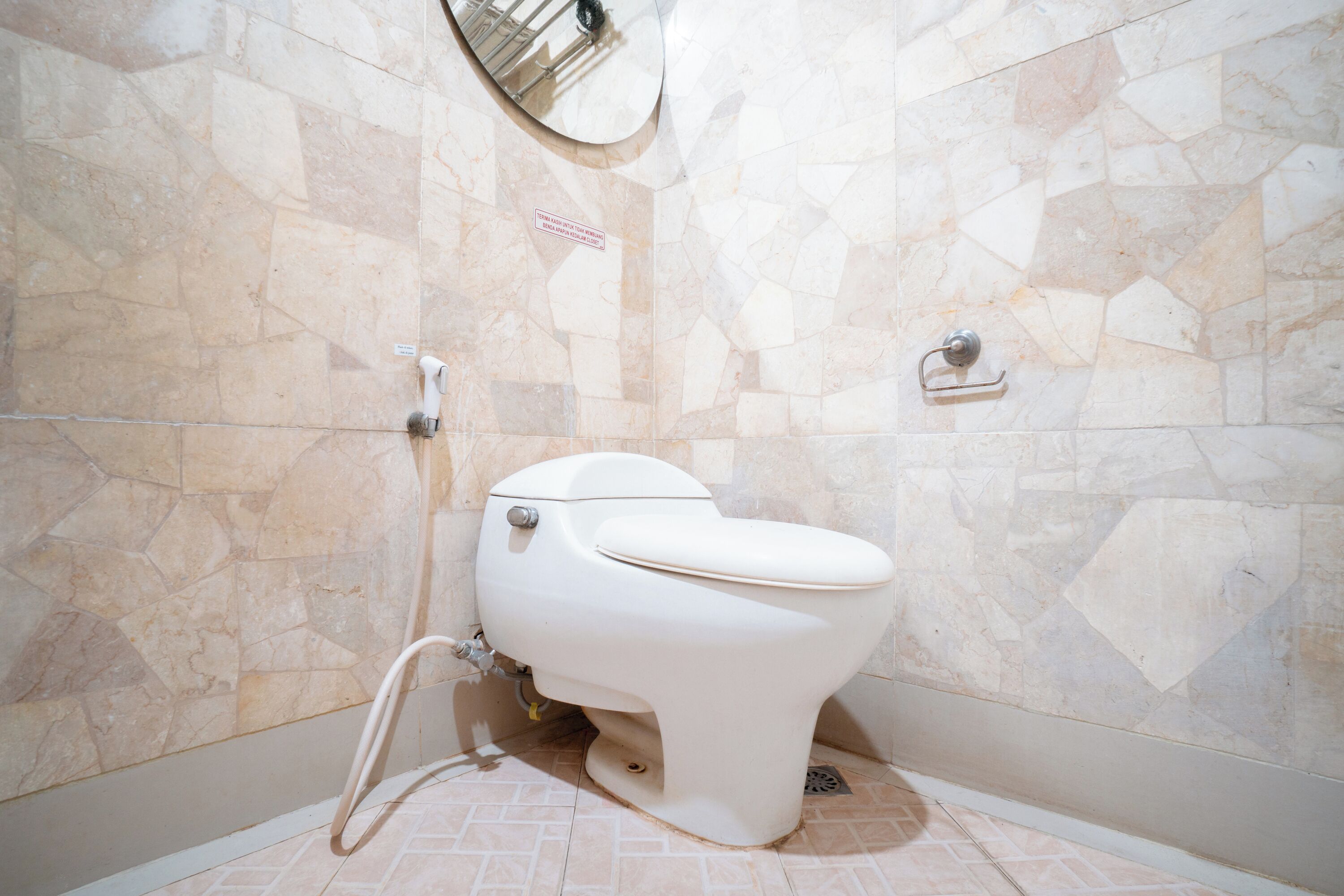 A bathroom with a toilet, a shower, and a wall-mounted mirror.