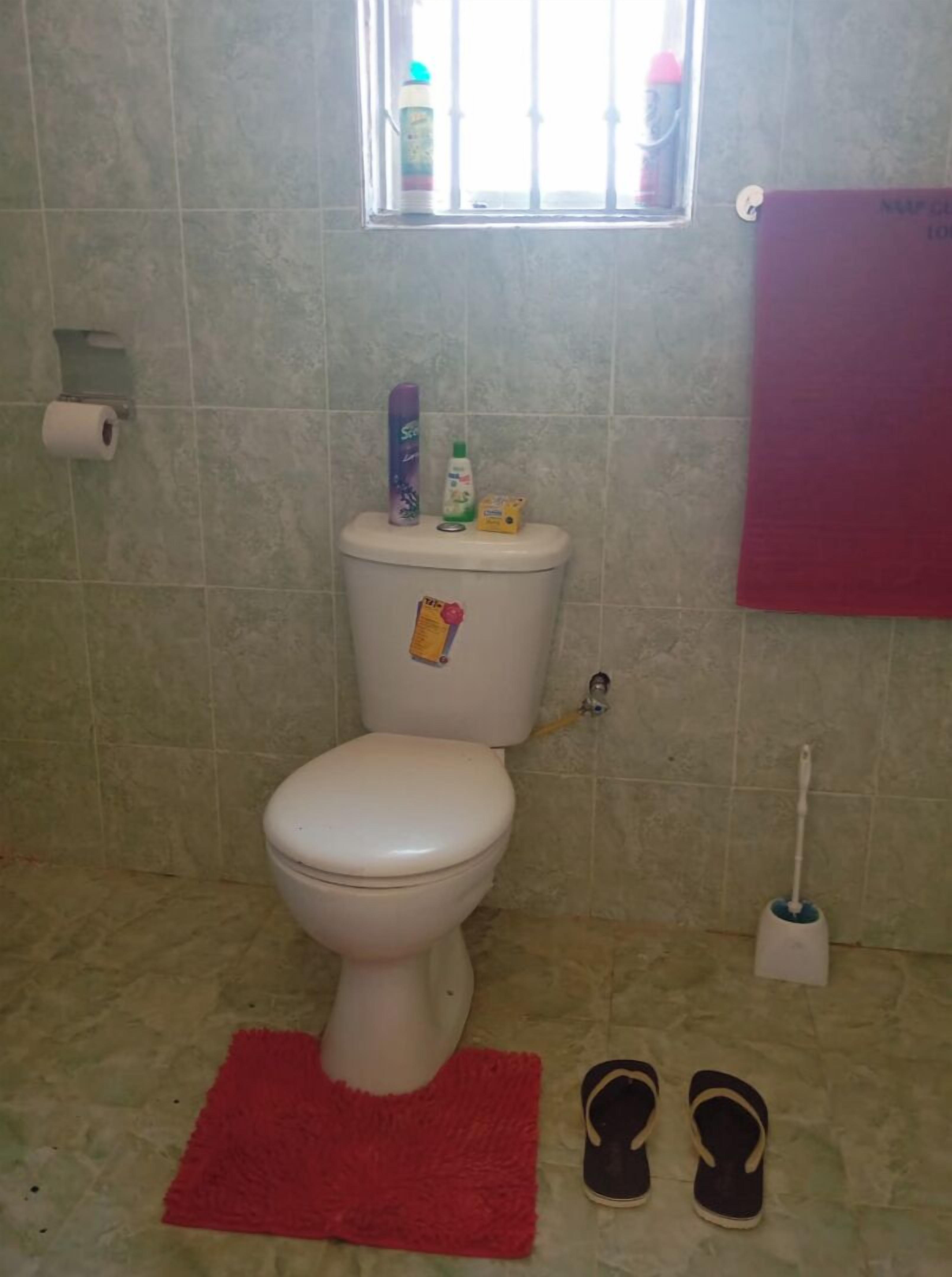 A bathroom with a toilet, a red rug, and a pair of slippers.