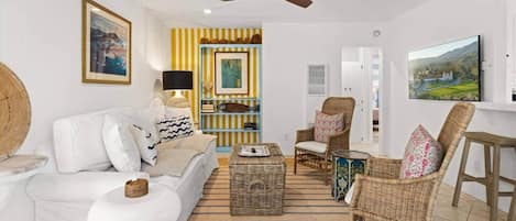 Smart TV, fireplace, books