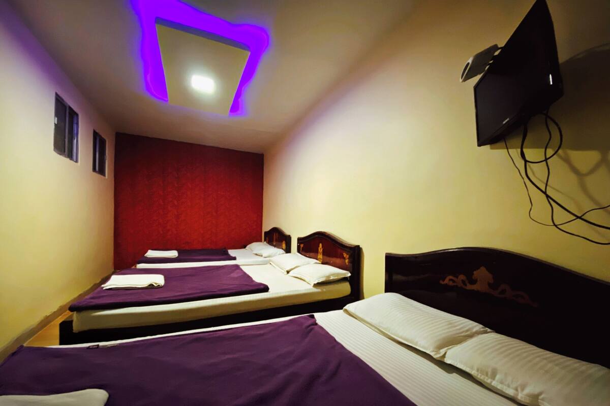 Een hotelkamer met drie bedden, elk met een paarse sprei en witte kussens. Er is een flatscreen televisie aan de muur bevestigd en een plafondlamp.