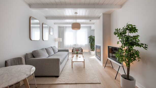 A modern living room with a grey sofa, a wooden coffee table, and a potted plant. - Winter Park Resort Lodging - Convenient Condos (Winter Park)