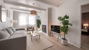 A modern living room with a grey sofa, a coffee table, a TV on a stand, a fireplace, and a potted plant. - Winter Park Resort Lodging - Convenient Condos (Winter Park)
