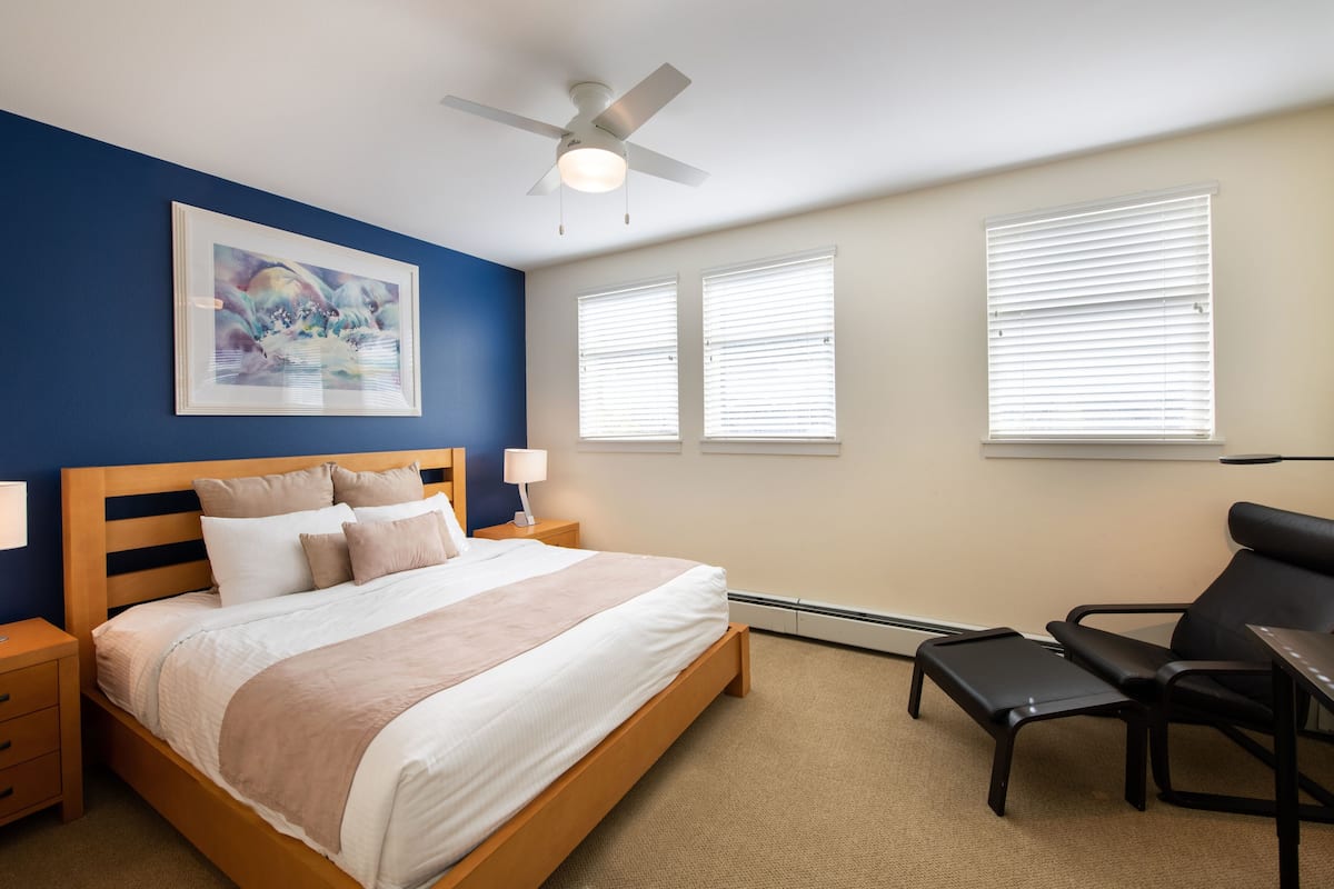 A bedroom with a bed, a desk, a chair, a ceiling fan, and two windows with blinds.