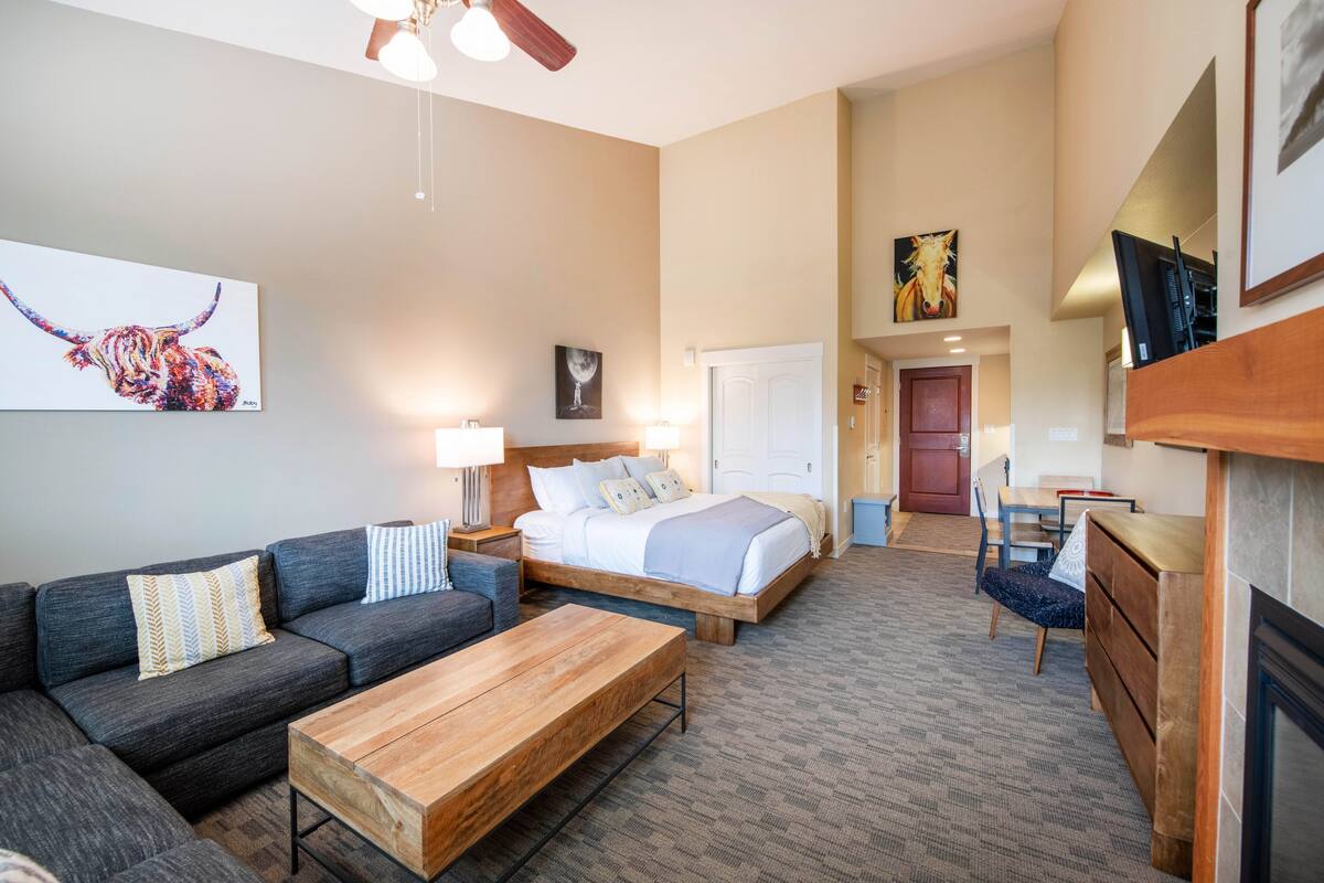 Une chambre d’hôtel avec un canapé, un lit, une table basse en bois et un téléviseur.
