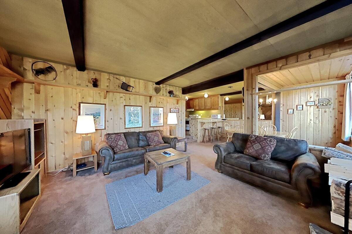 A cozy cabin interior with two sofas, a coffee table, and a TV.