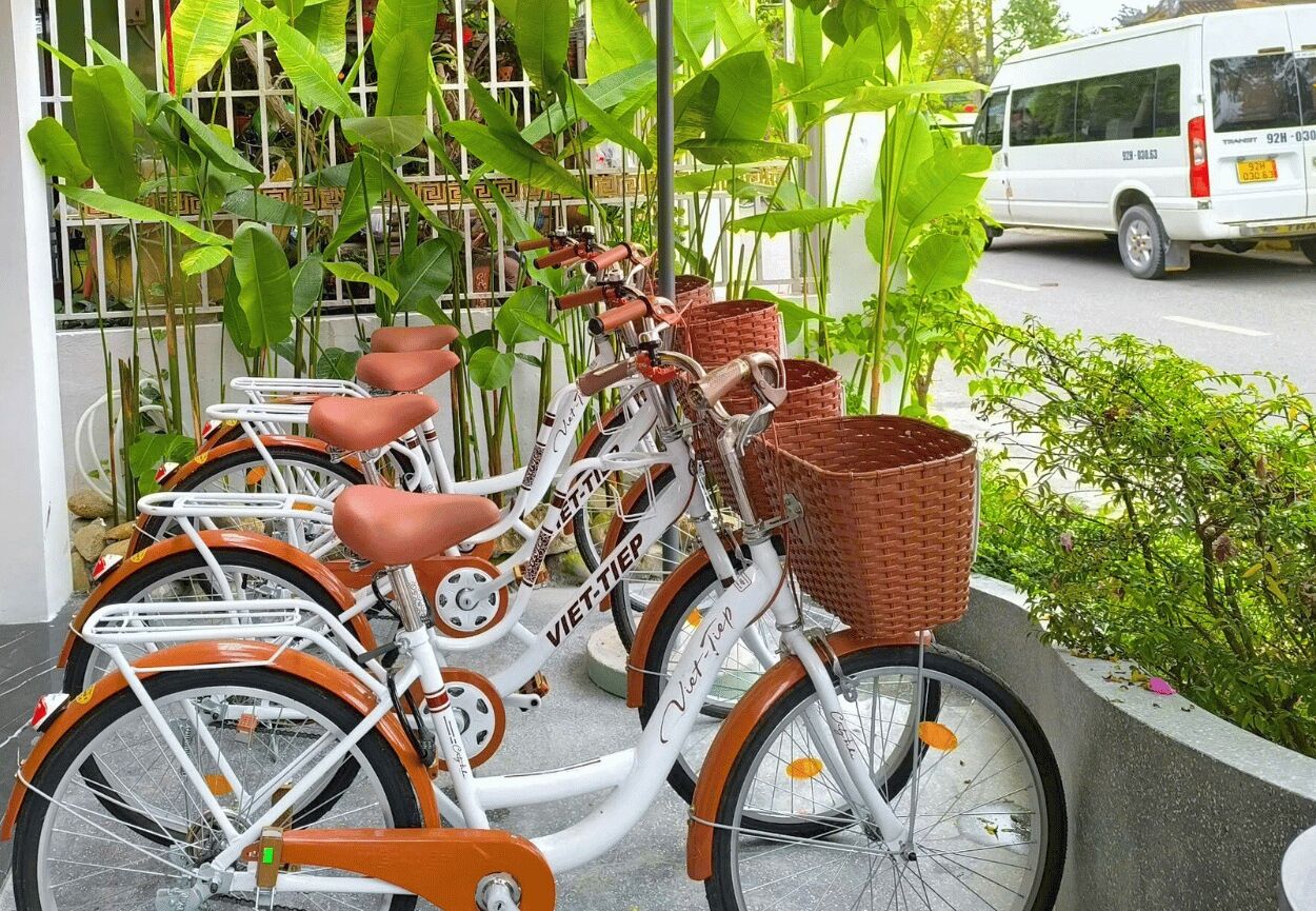 A row of vintage bicycles with baskets, parked in an outdoor area with greenery and a white van in the background.