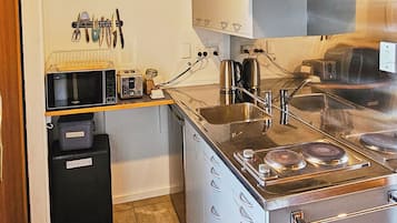 Microwave, electric kettle, cookware/dishes/utensils, spices