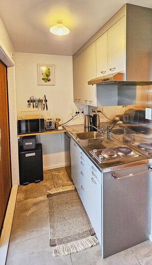 Microwave, electric kettle, cookware/dishes/utensils, spices
