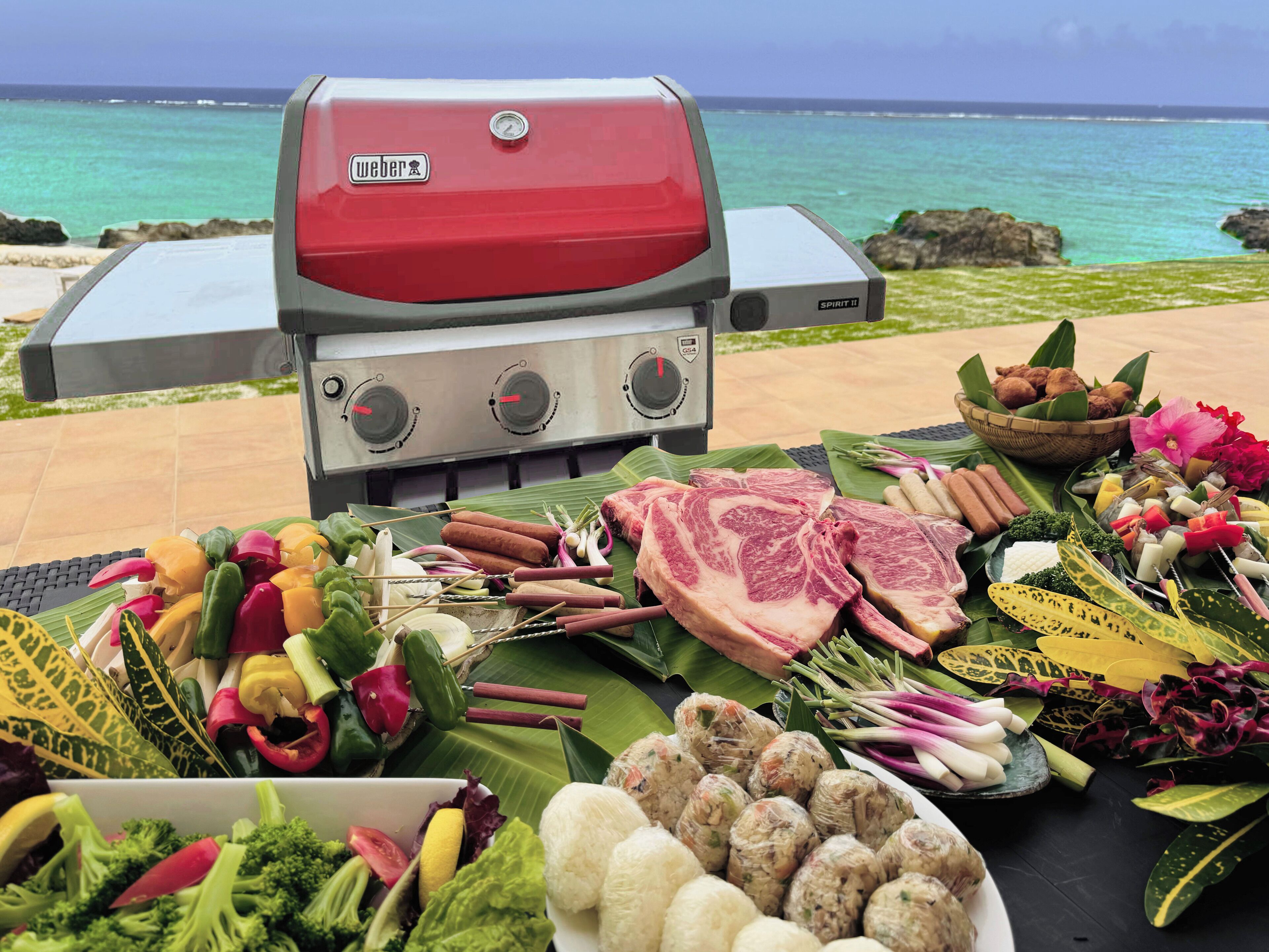 Una griglia Weber Spirit II con carni, verdure e condimenti disposti su un tavolo con vista sull'oceano.