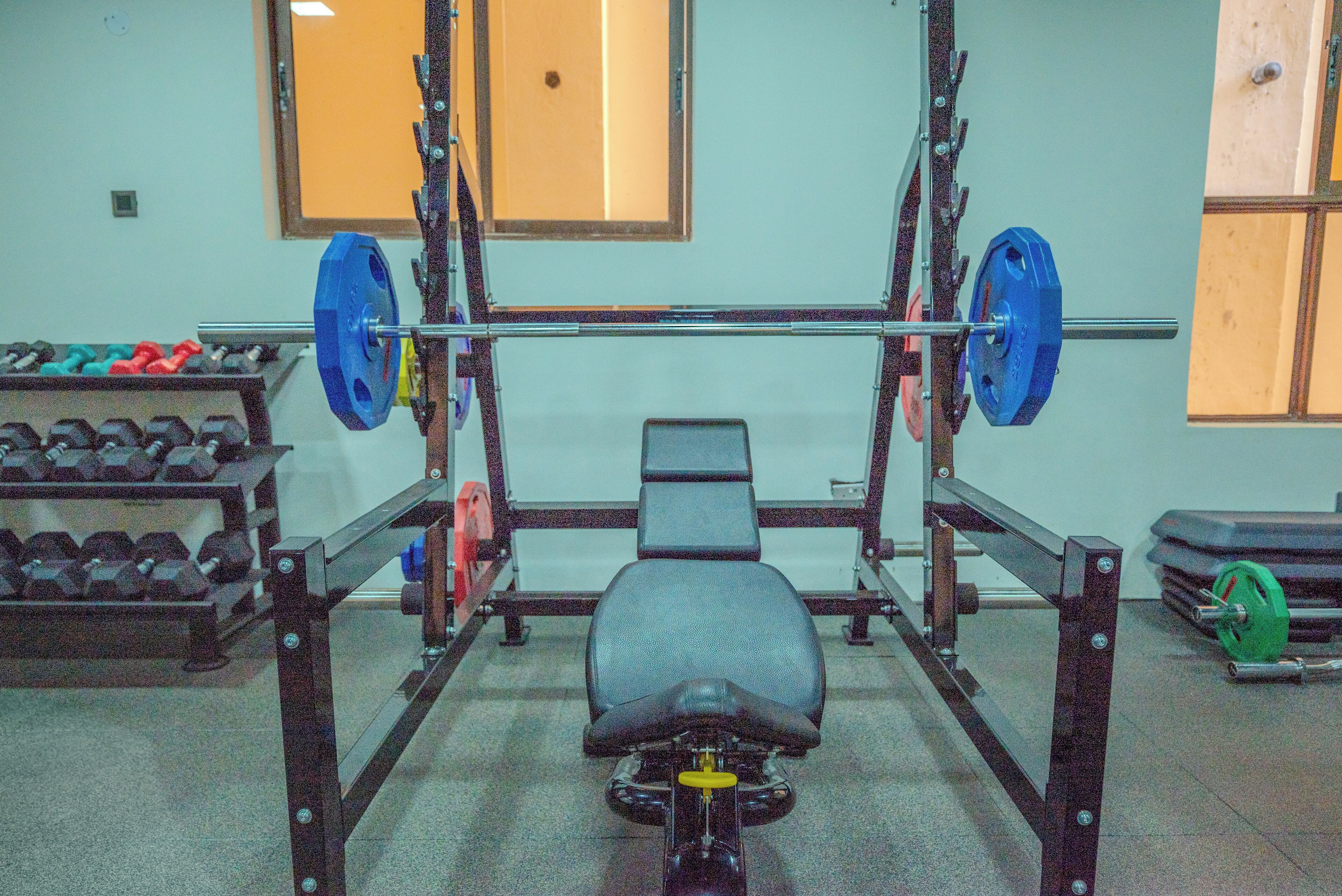 A weightlifting bench with a barbell, weight plates, and dumbbells in a gym.