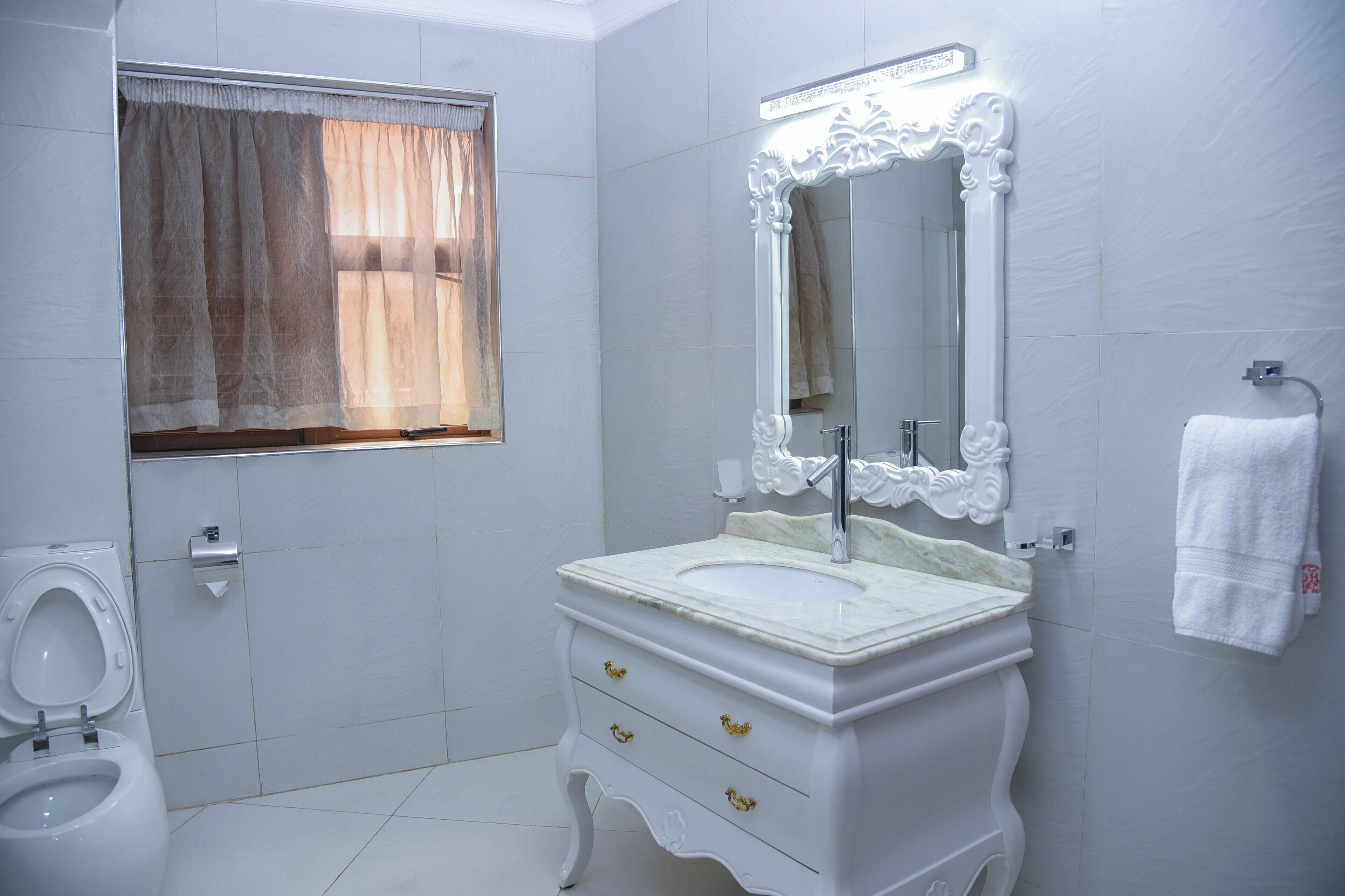 Une salle de bain comprenant des toilettes, un lavabo avec un plan de travail en marbre, un grand miroir avec un cadre orné et un porte-serviettes avec une serviette blanche.