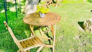 A wooden table and chair set outdoors on a grassy area with a tree and a small table in the background. - Briarstone Inn | Historic 7-Room Inn w/ Private Baths | Walk to Downtown Galena (Galena)