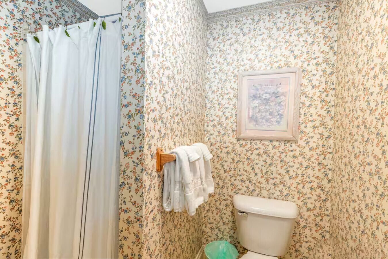 Une salle de bain avec un papier peint à motifs floraux, des toilettes, un rideau de douche et un porte-serviettes.